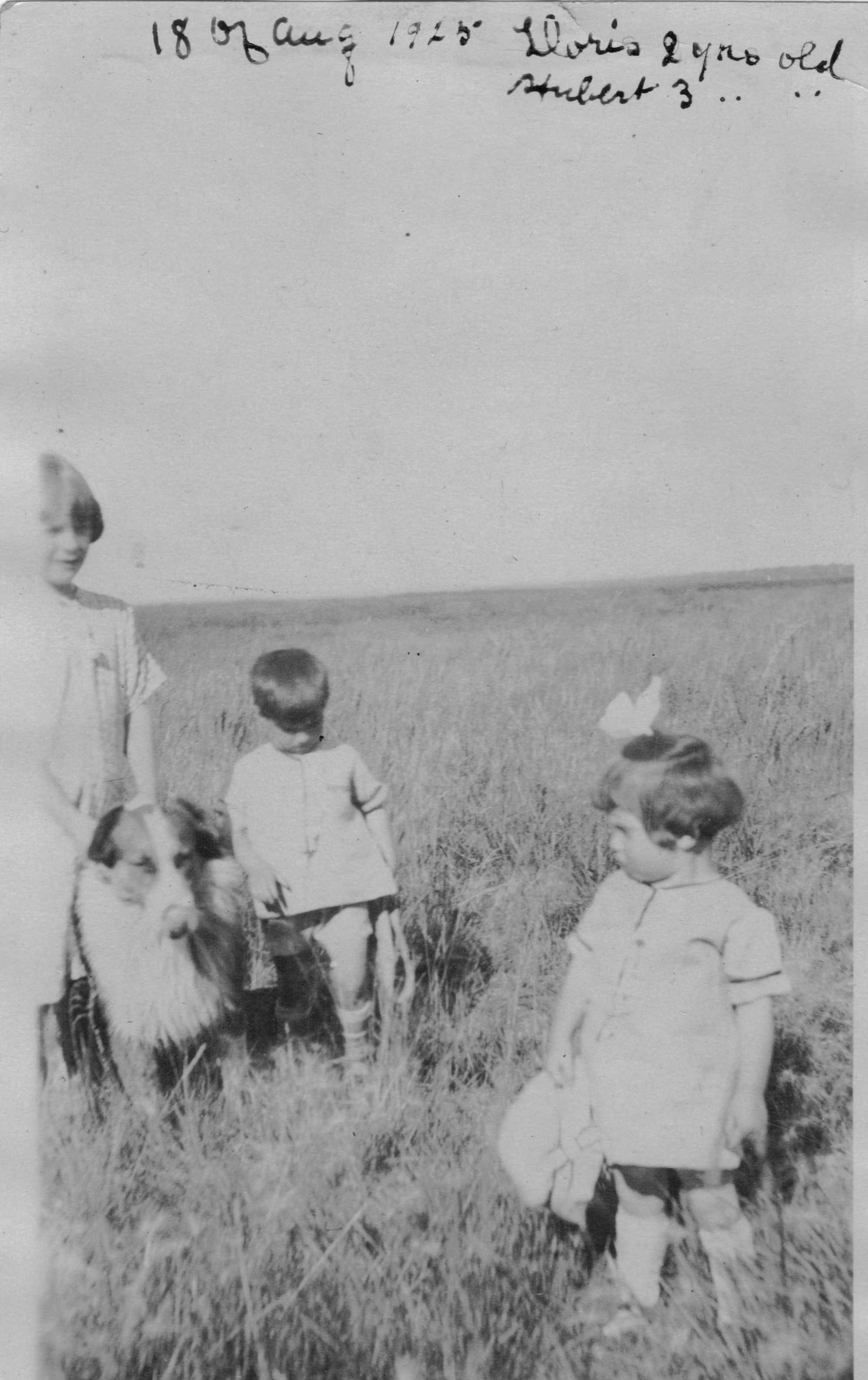 August 18, 1925 Doris and Hubert Brooks in Field With Dog 